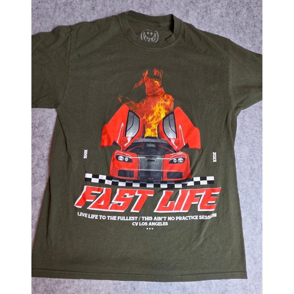 CV Los Angeles Fast Life Graphic Tee Olive Green Mens Medium Car Flame Shirt